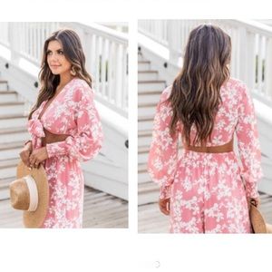 Pink Floral Tie Front Crop Blouse Pink Lily Size Medium